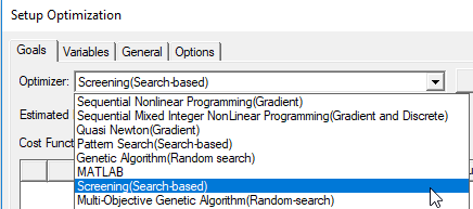 Setup Optimization window. Goals tab open, Optimizer drop-down menu open, Screening (search based) selected.