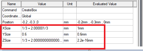 Properties window, XSize, YSize, Zsize.