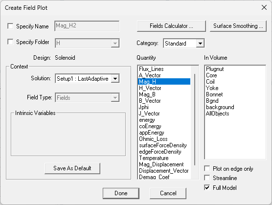 View of the Create Field Plot dialog box