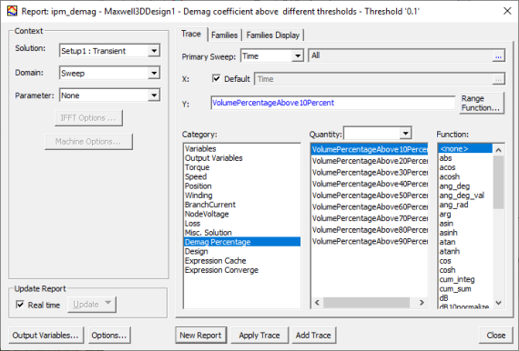 Report window configured to report demagnetization percentage of selected volumes