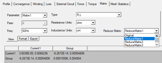 Results window with Reduce Matrix results displayed in the Matrix tab