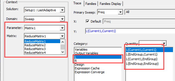 Example of using the reduce matrices to plot inductance and resistance