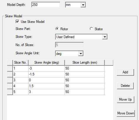 Design Settings window shows the Skew Angle Unit and list of desired skew angle and slice length values