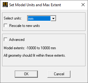Set Model Units and Max Extent dialog.