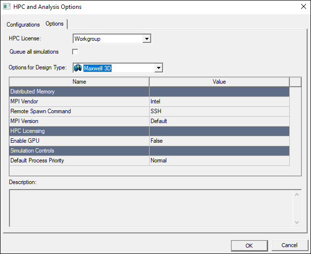 HPC Analysis Options window