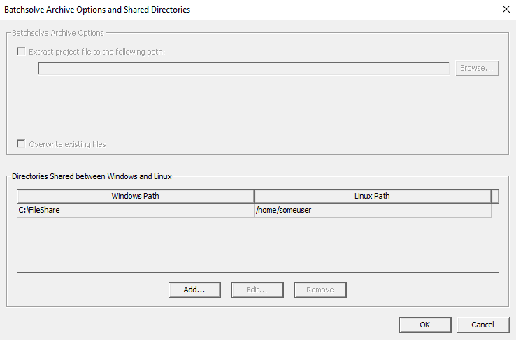 Batchsolve Archive Options and Shared Directories window. 