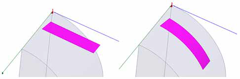 3D curved object with vertex to a face alignment before and after wrapping.