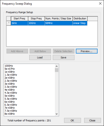 Frequency Sweep Dialog Frequency Sweep Dialog