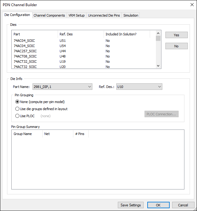 PDN Channel Builder - Die Configuration