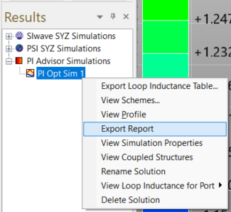 Results > PI Advisor Simulations > PI Opt Sim 1 > Export Report Results > PI Advisor Simulations > PI Opt Sim 1 > Export Report