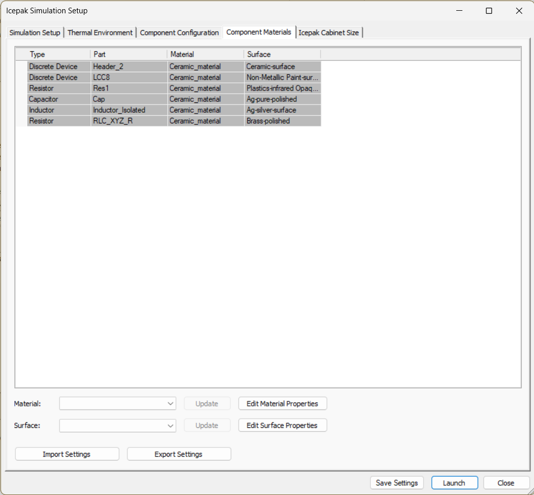 Icepak Simulation Setup - Component Materials