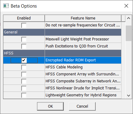 Beta Options dialog, Encrypted Radar ROM Export option enabled.