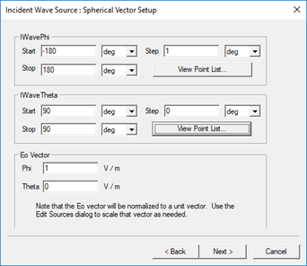 Incident Wave Source: Spherical Vector Setup dialog.