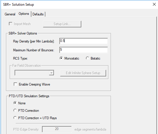 SBR+ SOlution Setup dialog, Options tab.