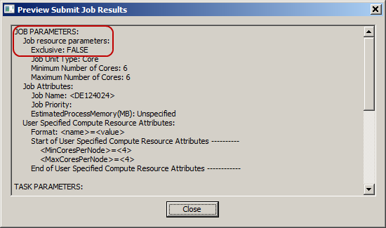 Preview Submit Job Results dialog.