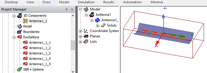 Project Manager, Antenna1_1 selected, Antenna1_1 displayed in modeler window.