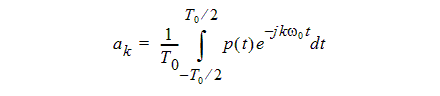 An equation describing how to calculate the fundamental frequency of the periodic signal and the complex Fourier series coefficients
