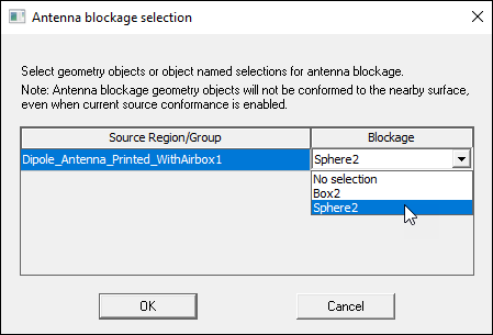 Antenna blockage Selection dialog. Blockage set to Sphere2.