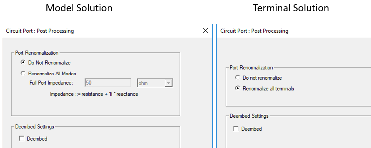 Circuit Port: Post processing dialogs for Model solution and Terminal solution.
