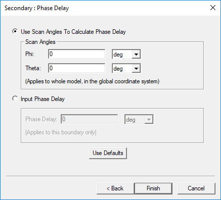 Secondary: Phase delay dialog. Use Scane Angles to Calculate Phase Delay option enabled.