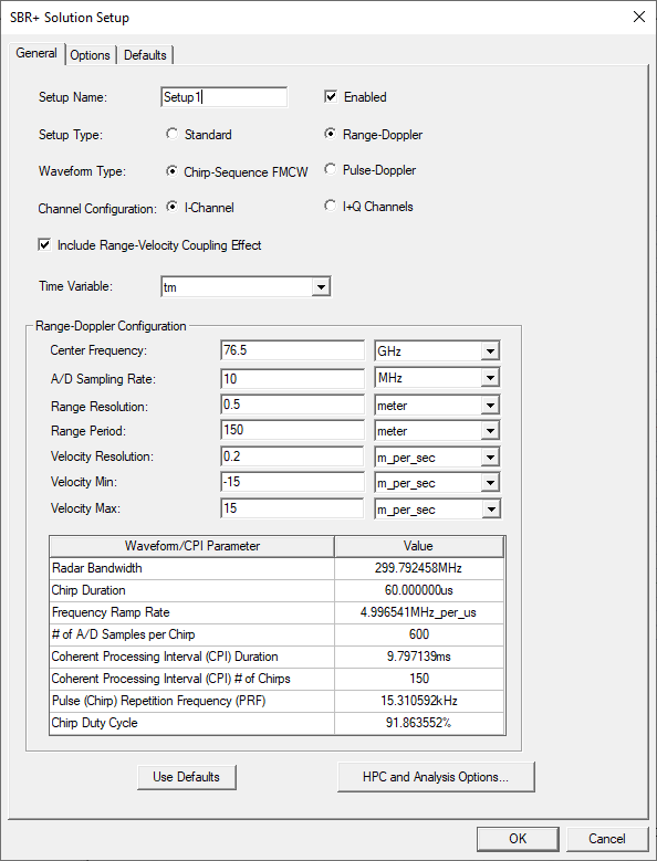 SBR+ Solution Setup Window. General tab.
