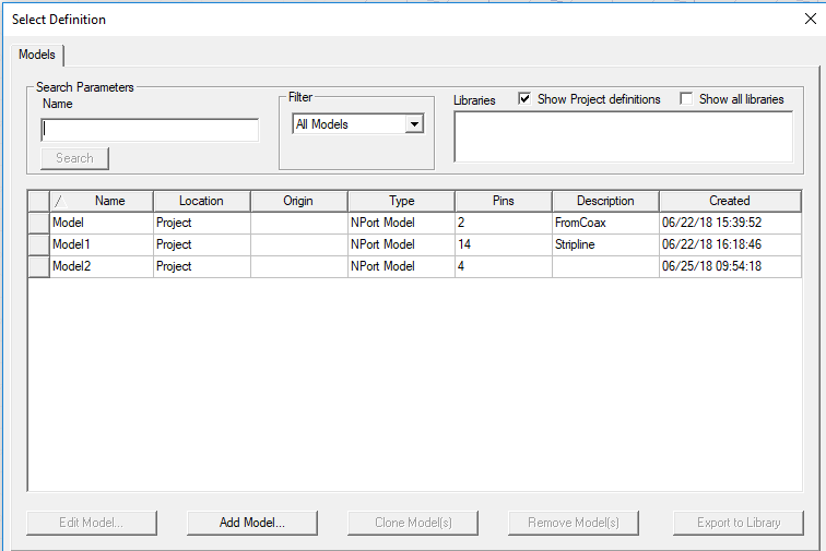 Select definition dialog. Existing models listed.