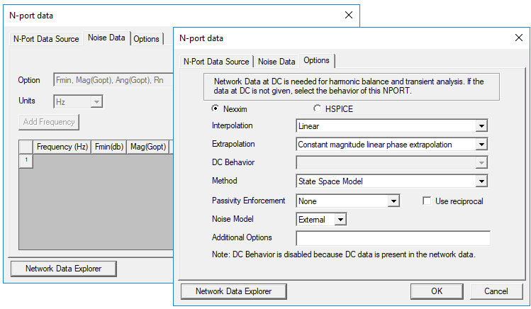 N-port data dialog. Options tab.