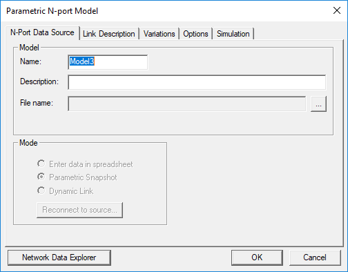 Parametric N-Port Model dialog. N-Port Data Source tab.