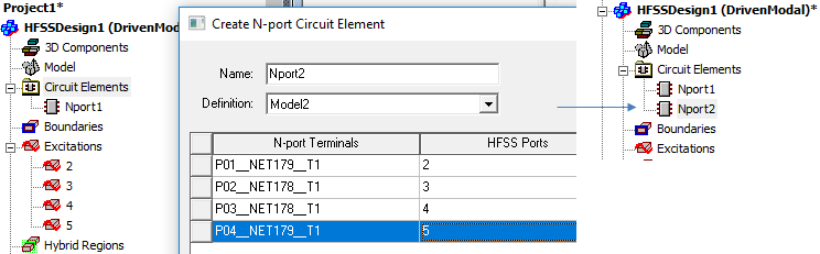 Create N-Port Circuit Element dialog listing various N-port terminals. Ports shown in Circuit Elements list in Project Tree.
