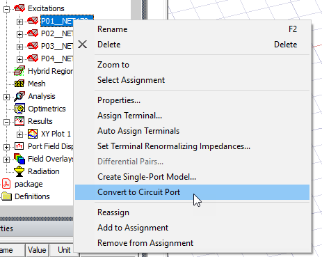 Excitations shortcut menu, Convert to Circuit Port option highlighted.