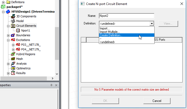 Create N-port Circuit Element dialog. Definition field set tp Create Definition.