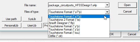 File Type filed set to Touchstone Format.