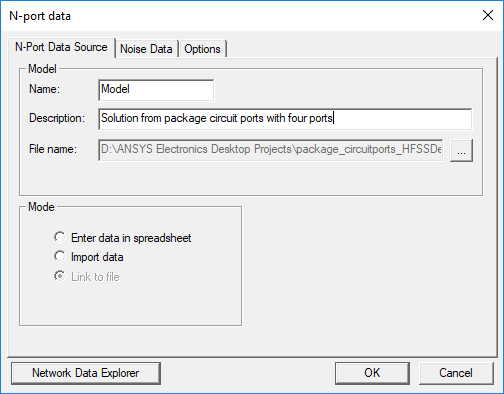 N-Port data dialog. N-Port Data Source tab.