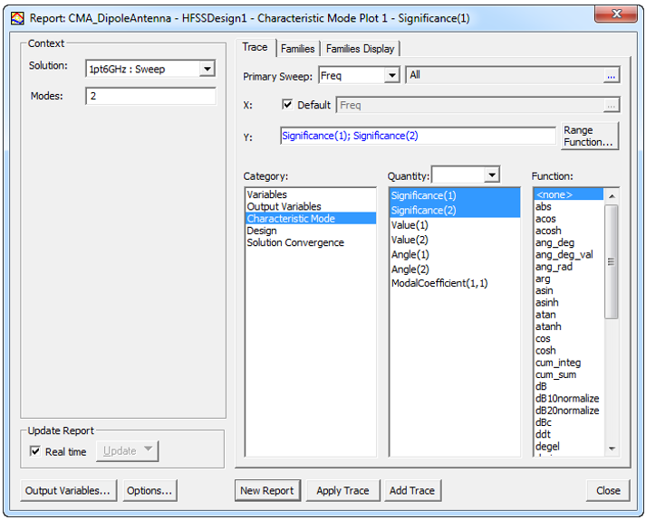 New Report dialog, Trace tab.