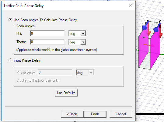 Lattice Pair: Phase Delay dialog. Use Scan Angles to Calculate phase delay option enabled.