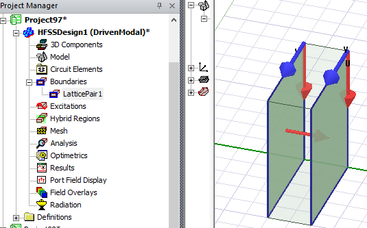 Project Manager window, Boundaries folder listing LatticePair1. Model in modeler window.
