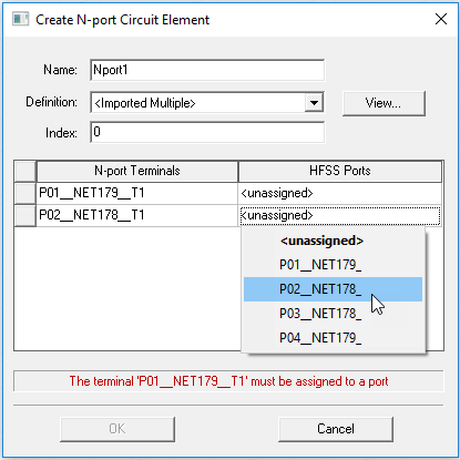 Create N-Port Circuit Element dialog. HFSS Ports drop down menu expanded.