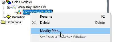 CreepingWave_Plot1 shortcut menu, Modify plot option highlighted.