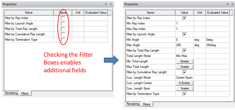 Properties window, Filters tab.