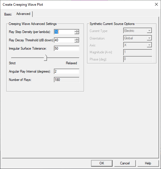 Create Creeping Wave Plot dialog, Advanced tab.
