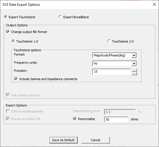SYZ Data Export Options dialog.