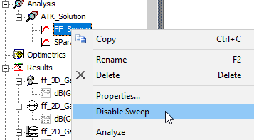 Sweep definitions right-click menu, Disable Sweep option highlighted.