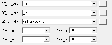 Equation Based Surface dialog. Equation fields filled.
