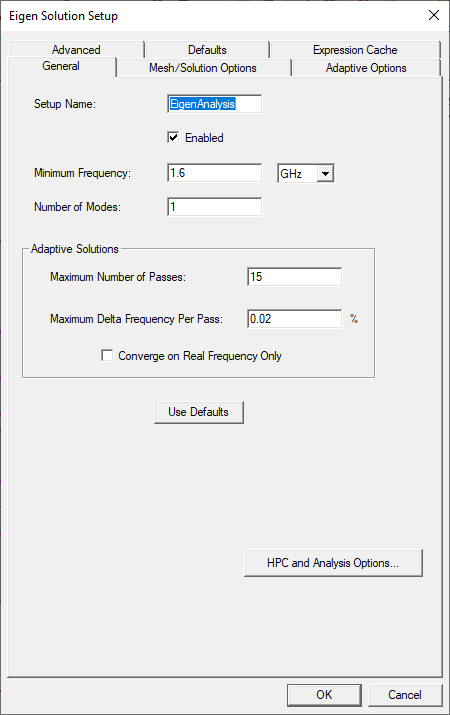 Eigen Solution Setup dialog, General tab.