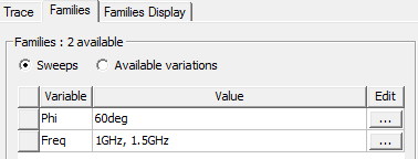 Families tab, Families group box. Sweeps option selected.