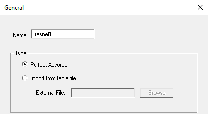 General dialog. Type groupbox, Perfect Absorber option selected.