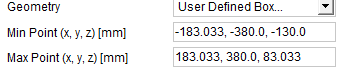 Geometry set to User Defined Box. Min Point and Max Point defined.