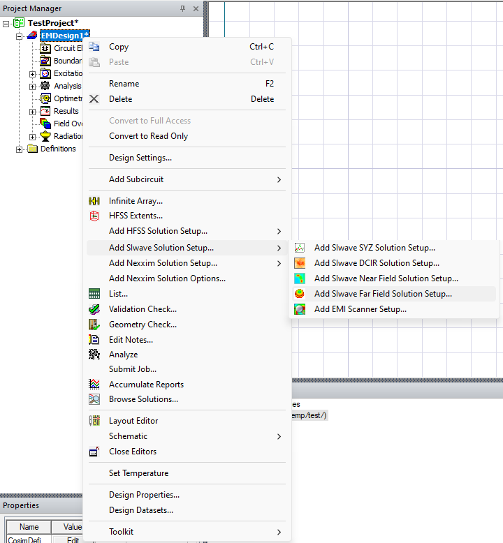 Project Manager > Project Tree > Active Design Folder > Add SIwave Solution Setup > Add Far Field Solution Setup