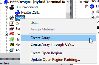 Model shortcut menu. Create Array option highlighted.