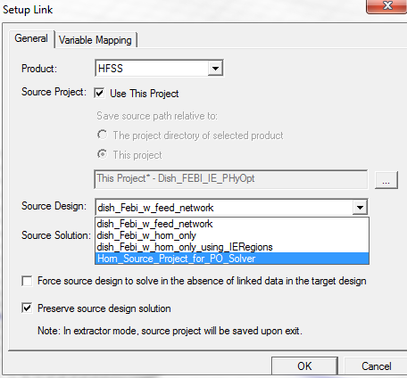 Setup Link dialog. Source Design field defined.